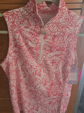 Sleeveless Zip Mock Neck Stella Parker Golf Top NWT Coral/White,Women XS UPF 50